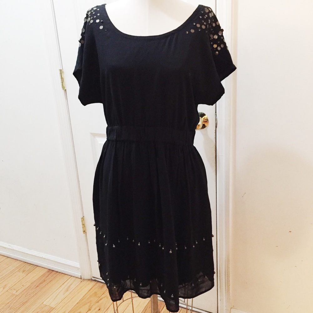 Fei Anthropologie Black Dress Brass Beads Size 10